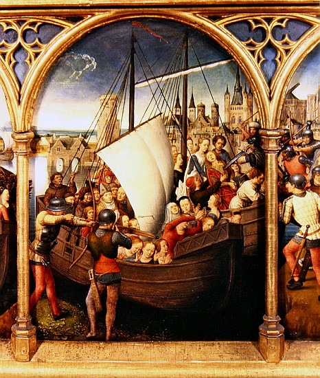 The Martyrdom of Saint Ursula and her companions at Cologne, from The Reliquary of St. Ursula, 1489  à Hans Memling