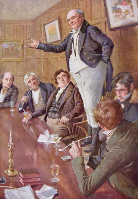 Mr Pickwick Adresses the Club, illustration for 'Character Sketches from Dickens' compiled by B.W. M à Harold Copping