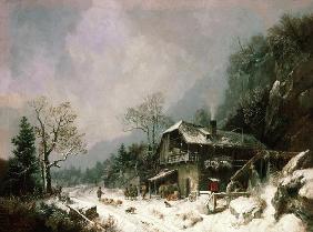 Le paysage d'hiver à un forge