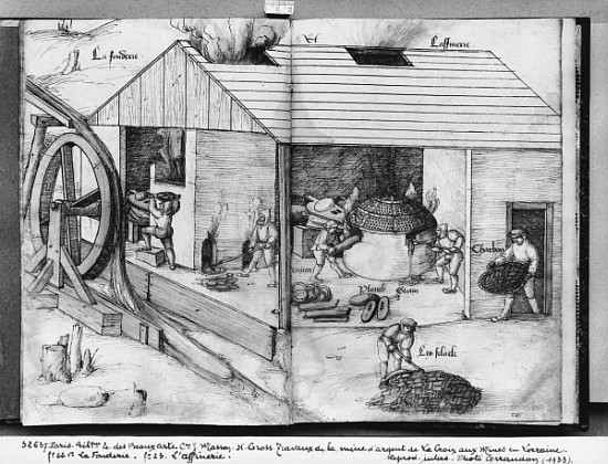 Silver mine of La Croix-aux-Mines, Lorraine, fol.22v and fol.23r, foundry and refining, c.1530 à Heinrich Gross ou Groff