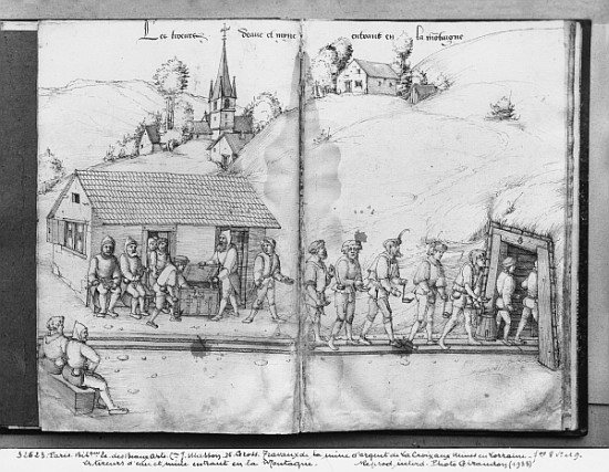 Silver mine of La Croix-aux-Mines, Lorraine, fol.8v and fol.9r, miners entering the mine, c.1530 à Heinrich Gross ou Groff