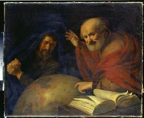Democrite et Heraklit l'Ancien à un globe avec la représentation de l'Amérique du Sud.