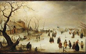 A Winter River Landscape with Figures on the Ice