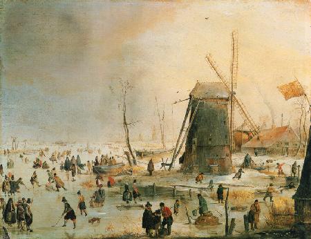 Paysage d'hiver avec des patineurs près d'un moulin à vent