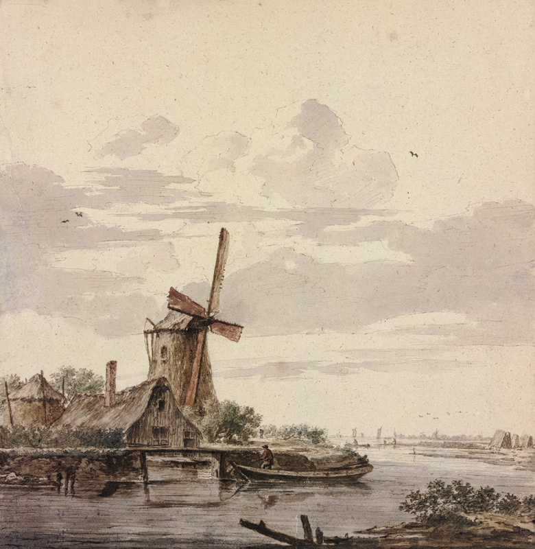 Kleiner Fluss, der ins Meer mündet, links eine Windmühle à Hendrik Kobell