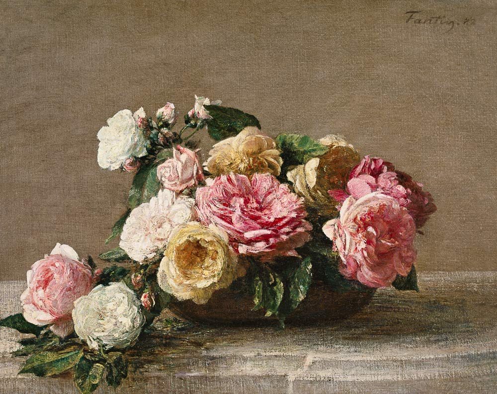 Roses dans un plat - peinture huile sur toile de Henri Fantin-Latour