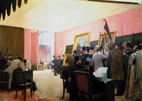 Le jury siège dans le salon des Artistes français en 1883.