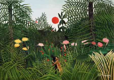 Paysage de forêt vierge avec le soleil couchant (nègre et jaguar) 1910