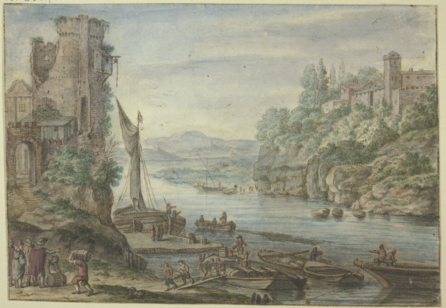 Flußgegend, alter Turm, Schiffe werden entgeladen à Herman Saftleven III