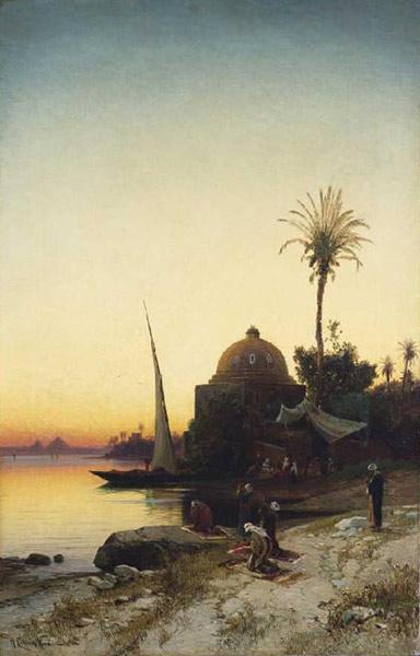Musulmans avec la prière de soir à la rive le Nil