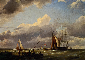 Navires néerlandais avec une légère brise près de la côte à Hermanus Koekkoek