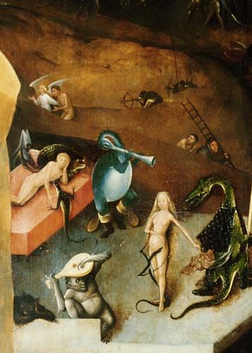 le dernier jugement -triptyque Détail du panneau central nu féminin avec des dragon) à Jérôme Bosch