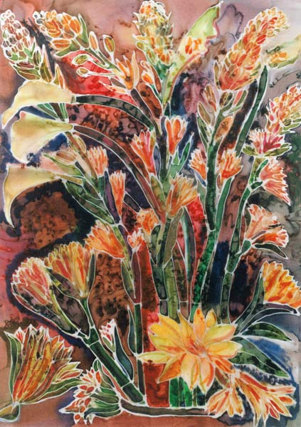 Calla Lillies with Tuber Roses (coloured inks on silk)  à Hilary  Simon