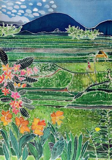 Lovina Ricefields with Lilies and Frangipani, Bali, 1996 (coloured inks on silk)  à Hilary  Simon