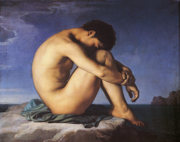 Jeune homme nu assis au bord de la mer à Hippolyte Flandrin