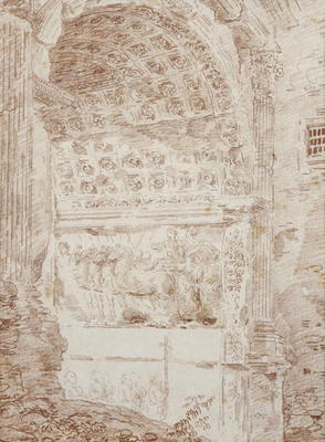 The Triumph of Rome, arc of Titus (red chalk on paper) 88;Le triomphe de Rome; char; arc; à Hubert Robert