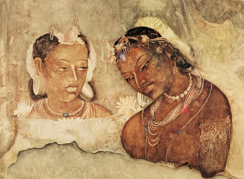 A Princess and her Servant, copy of a fresco from the Ajanta Caves, India à École indienne