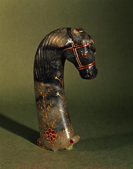 Dagger handle in the form of a horse''s head, Mughal, c.1658-1710 (jade inset with gold & rubies) à École indienne