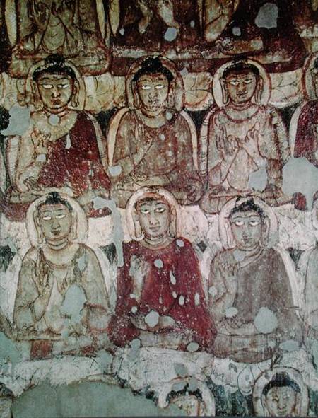 A Multitude of Seated Buddhas, detail, from the interior of Cave 2 à École indienne