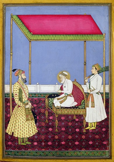 The Emperor Aurangzeb in old age seated on a throne, miniature from a Muraqqa album, early eighteent à École indienne