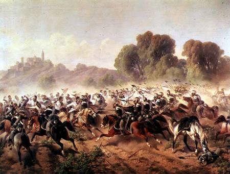 Detail of the Charge of the Battalion of Genova and Savoia Cavalry at the Volta Mountains à École picturale italienne