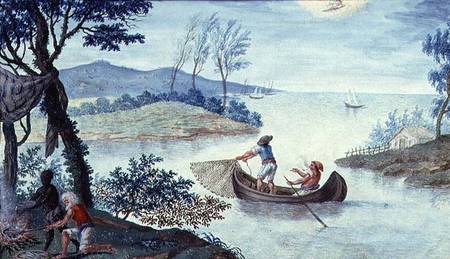 Fishing scene depicting the month of July, one of a series of twelve à École picturale italienne