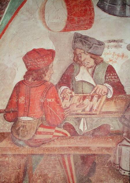 Interior of an Inn, detail of backgammon players à École picturale italienne