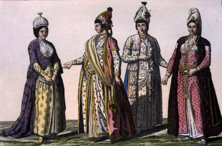 Three women in (LtoR) winter, spring and summer fashions and one in fashion for pregnancy, plate 59 à École picturale italienne