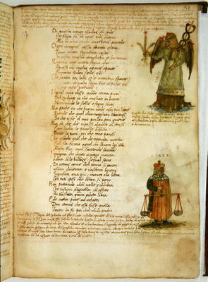 Ms Ital 483 P.4.7 f.157r Virgo and Libra, from the 'Dittamondo' by Fazio degli Uberti (vellum) à École italienne (15ème siècle)