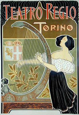 Reproduction of a poster advertising the 'Theatre Royal', Turin (colour litho) à École italienne (19ème siècle)
