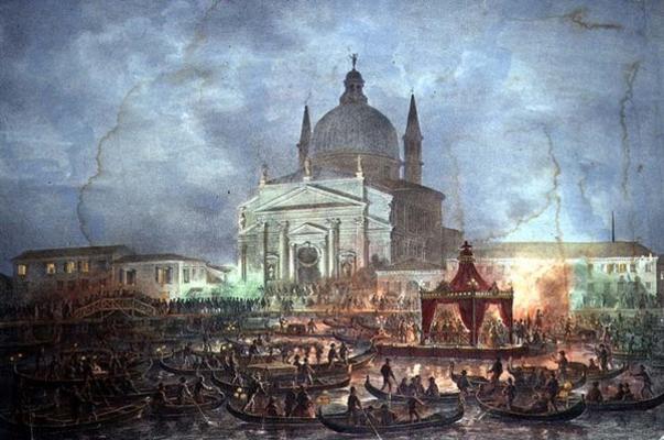 View of the Chiesa del Redentore and Boats on Carnival Day (litho) à École italienne (19ème siècle)