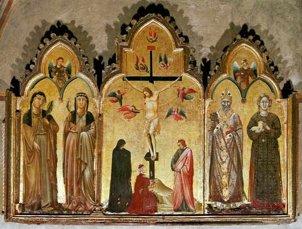 Kreuzigung mit Stifter und den Heiligen Agnes, Rufinus, Klara von Assisi und Agnes der Klarissin à Peintres italiens (divers)