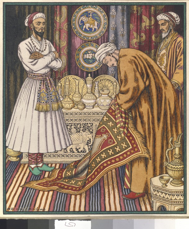 Prince Ali buying a carpet. Illustration for Arabian Fairy Tales à Ivan Jakovlevich Bilibin