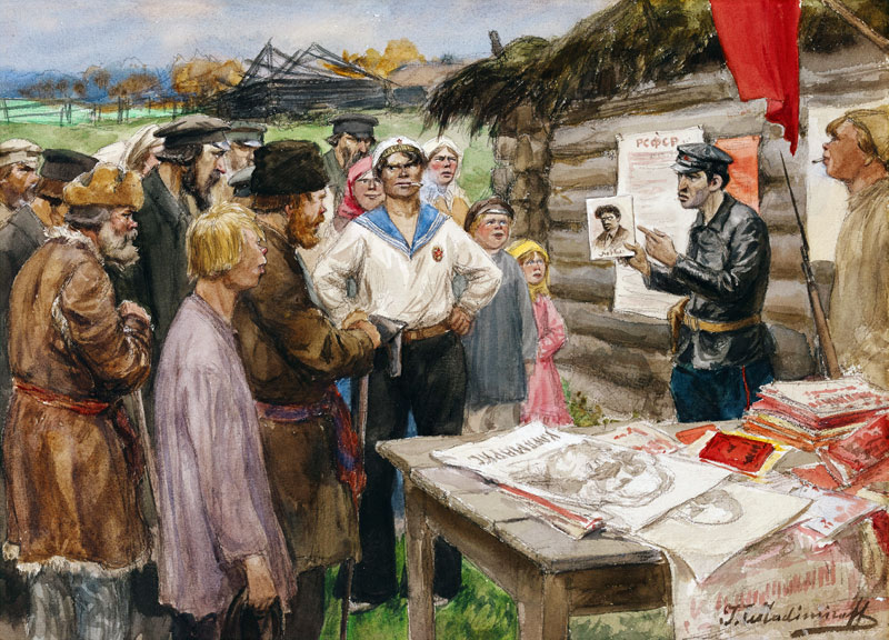 Die Lehrstunde des Kommunismus im Dorf (Aus der Aquarellserie Russische Revolution) à Iwan Alexejewitsch Wladimirow