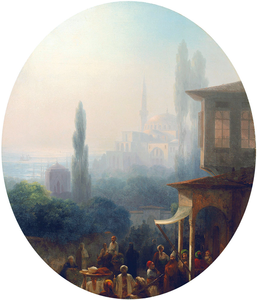 A market scene in Constantinople, with the Hagia Sophia beyond à Iwan Konstantinowitsch Aiwasowski