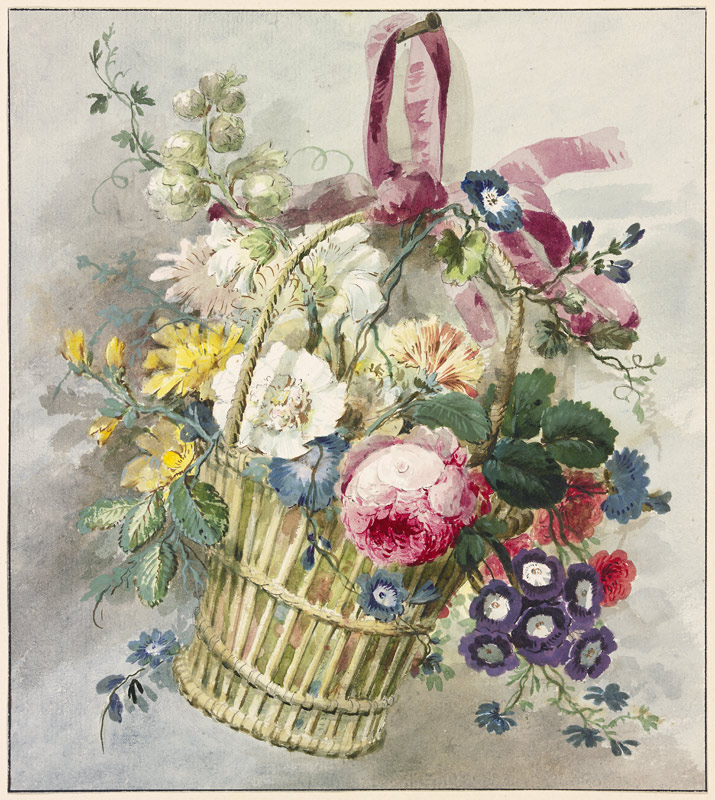 Blumenstrauß in einem aufgehängten Körbchen à J. H. van Loon