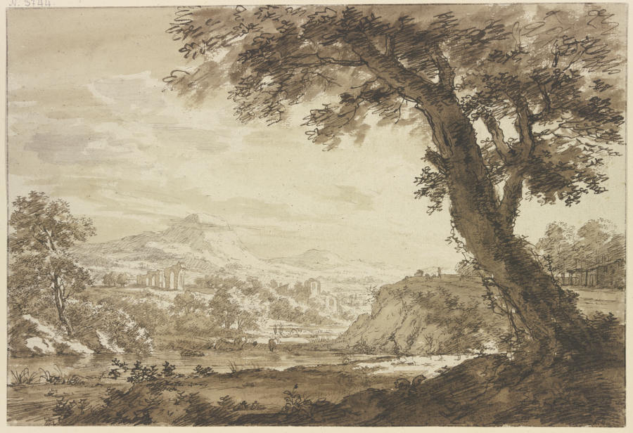 Italienische Landschaft mit Ruinen, rechts bei einem Wasser ein großer Baum à Jacob Cats