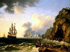 Un navire de guerre britannique et d'autres navires dans la baie de Naples