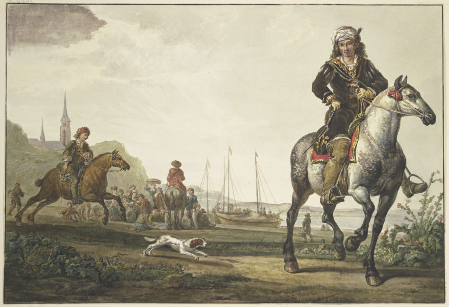 Am Ufer eines Flußes sitzt viel Volk bei den Schiffen, vorne rechts ein reich gekleideter Reiter mit à Jacob van Strij