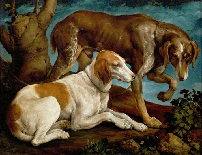 Zwei Jagdhunde, an einen Baumstumpf gebunden à Jacopo Bassano