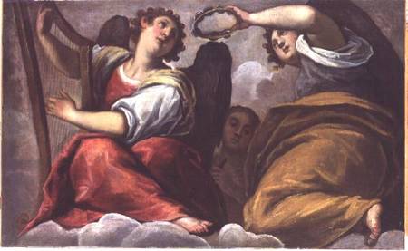 Musical Angels with a Cymbal and a Harp à Jacopo Palma le Jeune (Palma il Giovane)