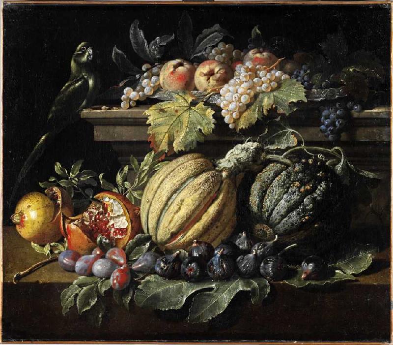 Fruchtstück mit Melonen, Weintrauben, Feigen, Granatäpfeln, Pfirsichen und einem Papagei. à Jacopo da (alias Jacob van de Kerckhoven) Castello