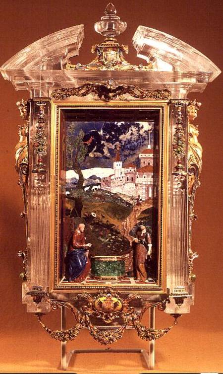 Christ and the Samaritan, pietre dure panel by Cristofano Gaffuri (d.1626), set in a rock crystal fr à Jacques Byliveldt (1550-1603) & Bernadino Gaffuri