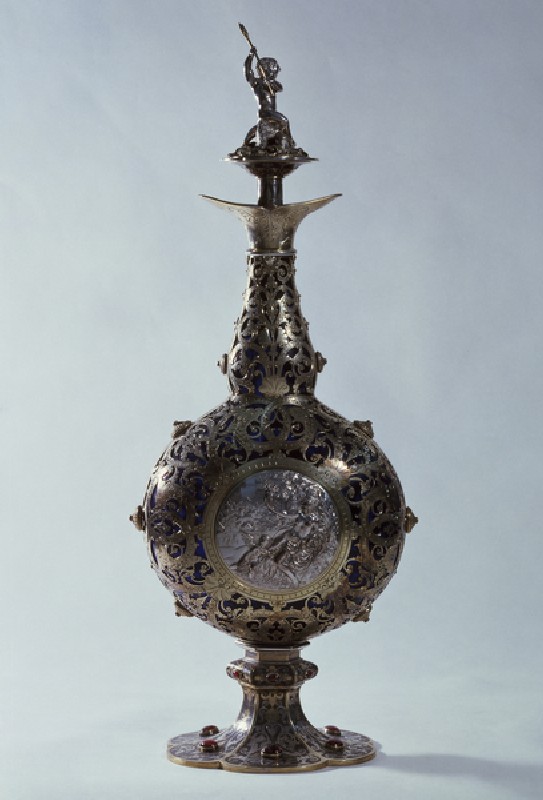 Silver and blue glass flask mounted with garnets, niello and partially gilded, ca 1851, made by Fran à Jacques Froment-Meurice