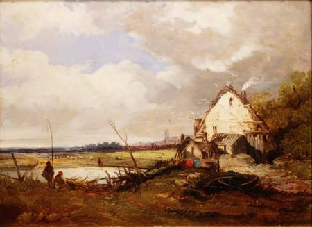 Anglers by a Cottage on a River Bank à James Holland