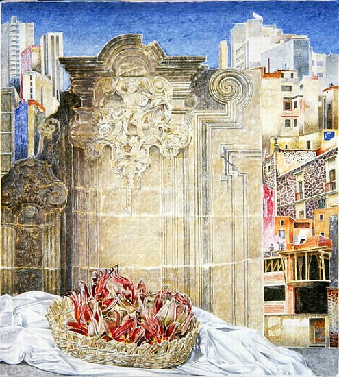 Still Life with Strange Fruit and a Baroque Landscape, Mexico City, 2003 (oil on canvas)  à  James  Reeve