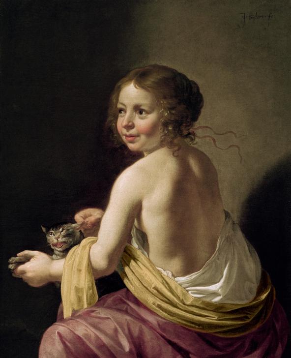Girl teasing a cat à Jan van Bijlert ou Bylert