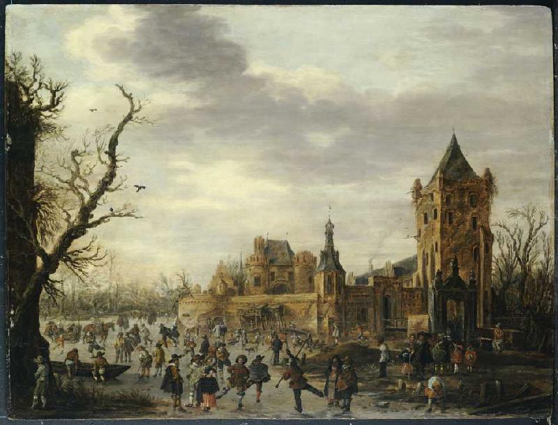 Ansicht von Kasteel Batestein, Vianen mit Wintersportlern. à Jan van Goyen