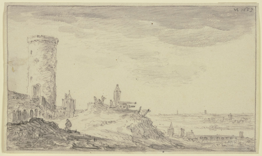 Befestigung, bei einem Kundeturm zwei Kanonen und ein Schilderhaus à Jan van Goyen