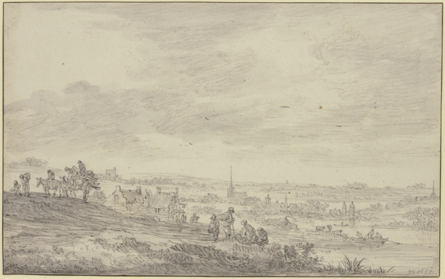 Blick über eine weite Landschaft mit Kirchturm à Jan van Goyen